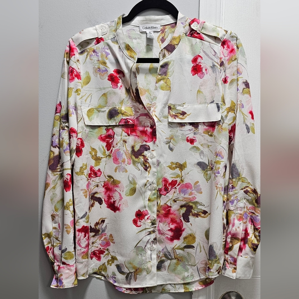 Calvin Klein Semi-Sheer Floral Button-Down Roll Tab Sleeve Shirt Size S